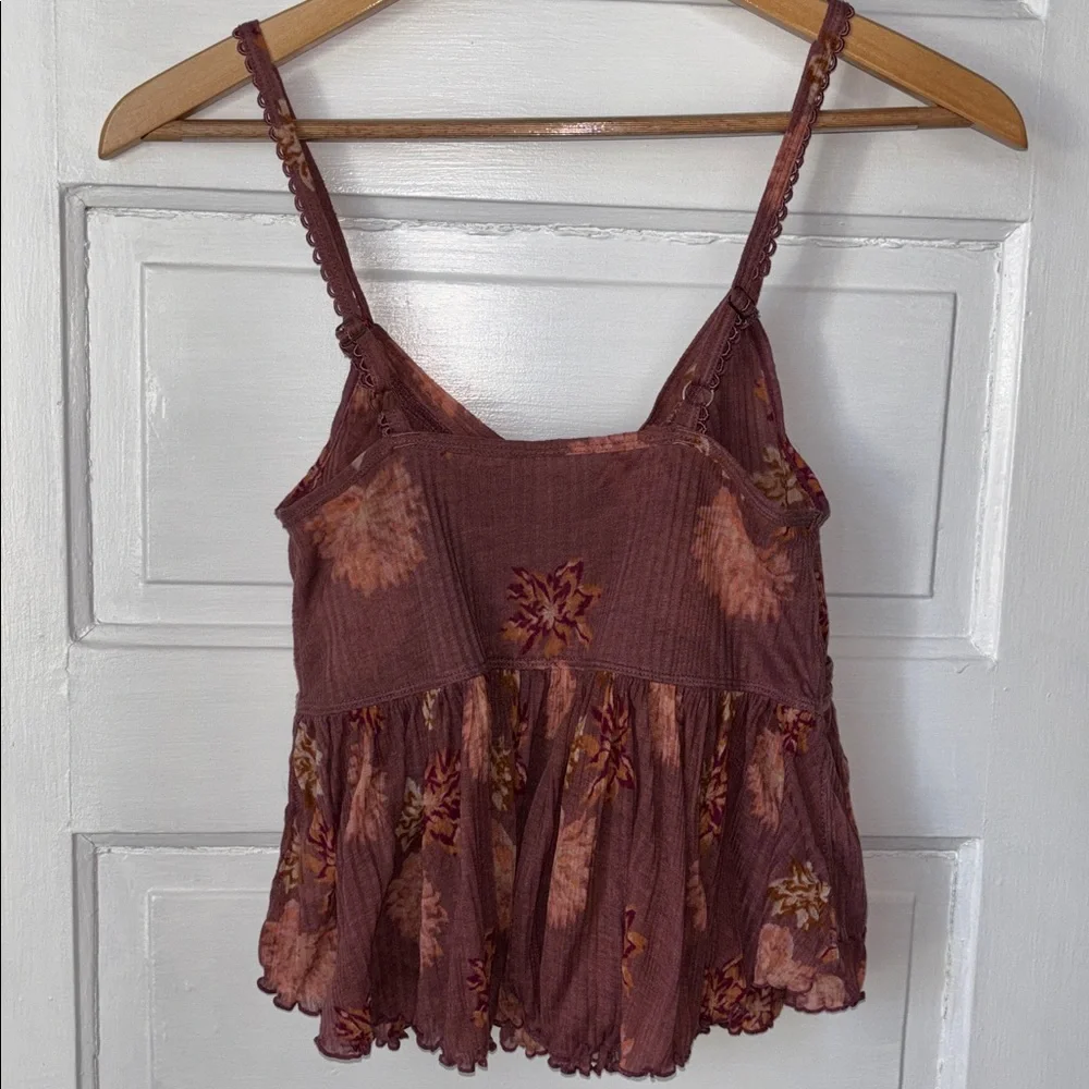 FREE PEOPLE MELBOURNE PRINTED RUFFLED RIBBED TANK